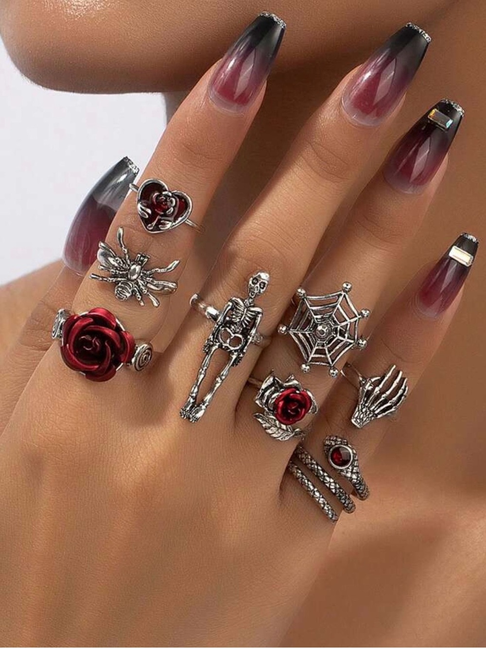 Silver Gothic vintage Skeleton Spider Rose Ring Set. Silvew tone Statement  8PCS